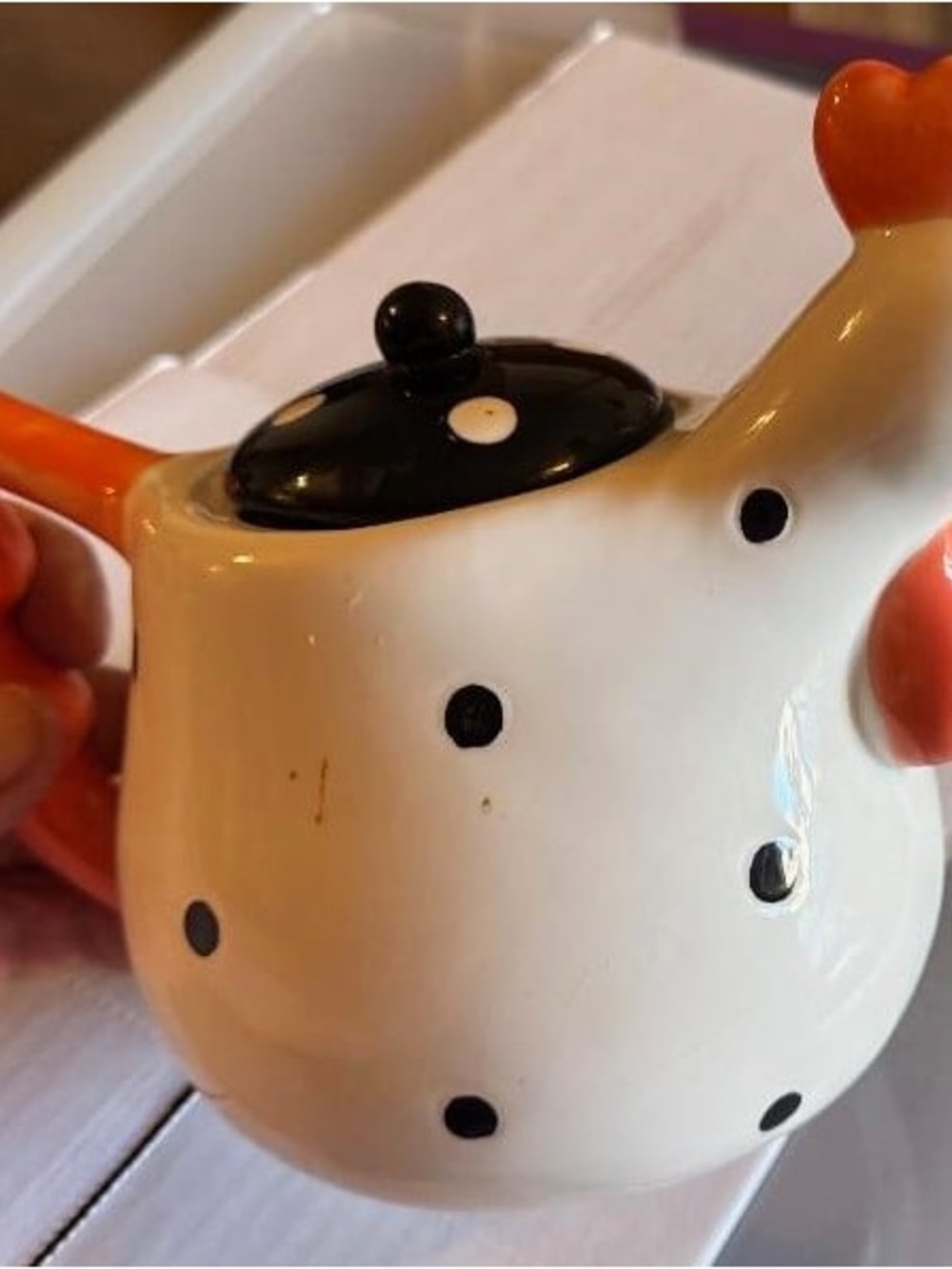 White Ceramic Polka Dot Teapot with Orange Accents